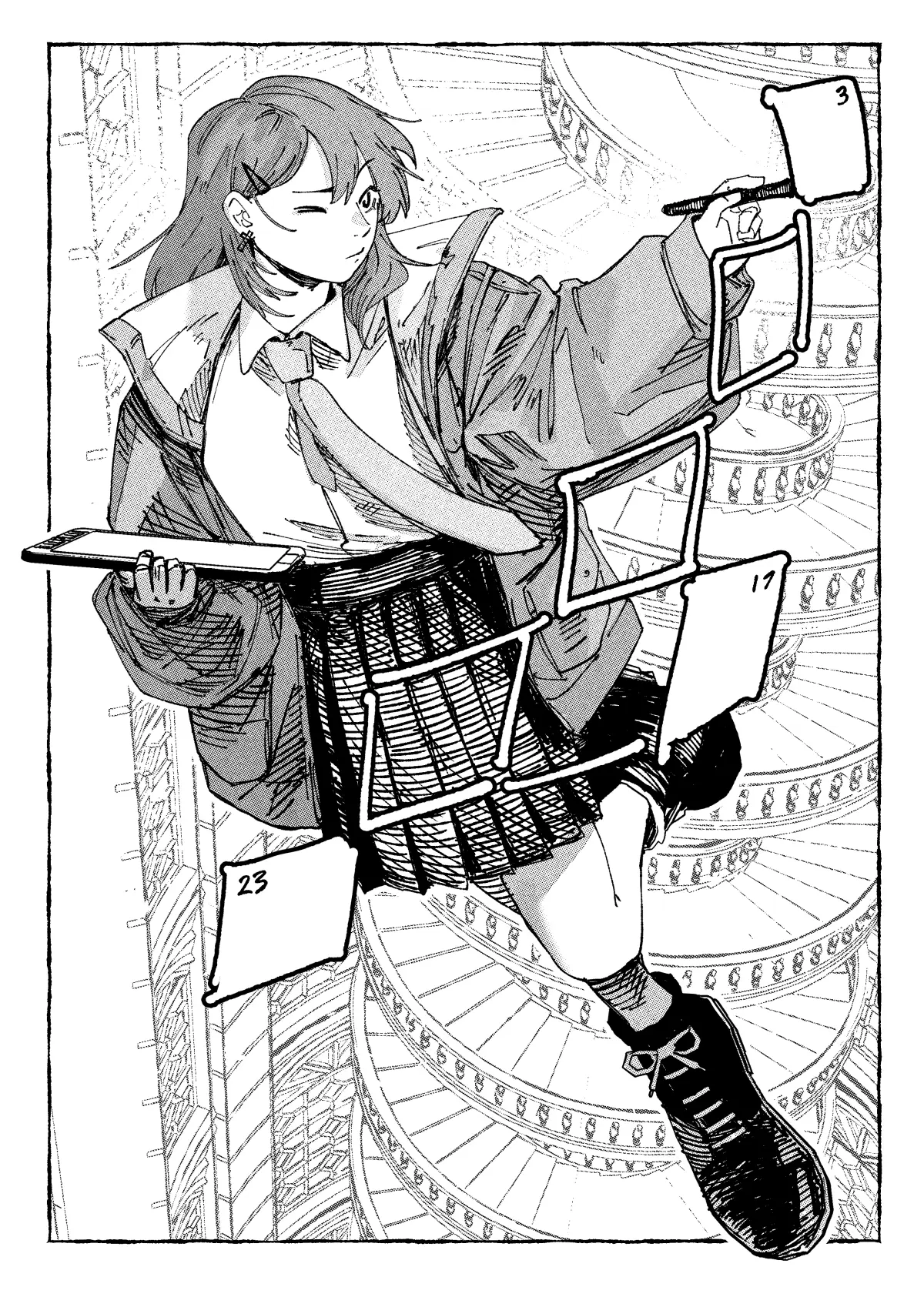 Manga-style illustration of a character creating a crossword with a tablet and stylus